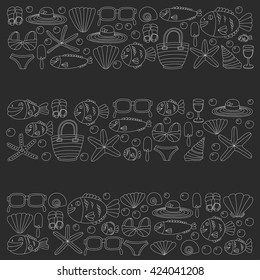 Vector doodle pictures of beach vacation and tropical sea life