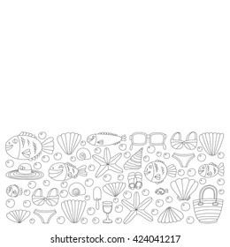 Vector doodle pictures of beach vacation and tropical sea life