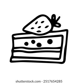 Vector doodle of a piece of cake. Outline drawing of a cupcake with strawberries. Design element on a white background