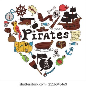 Vector doodle pirate heart. A map with a hand-drawn sketch of a mermaid ship and pirate items. Template for children s postcards. Map of treasure island.