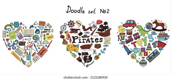 Vector doodle pirate, toys, school supples sets. A map with a hand-drawn sketch of a mermaid ship and pirate items. Template for children s postcards. Map of treasure island. Hand draw collection of