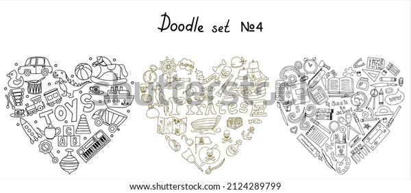 Vector doodle pirate, toys, school supples sets. A map\
with a hand-drawn sketch of a mermaid ship and pirate items.\
Template for children s postcards. Map of treasure island. Hand\
draw collection of