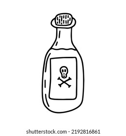 Vector doodle poisonous potion in a glass bottle with skull. Hand drawn magic glass pottle with potion isolated