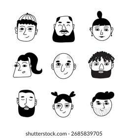 Vector doodle retratos. Caras dibujadas a mano y avatares de dibujos animados esbozan conjunto de ilustración de cabezas de personas