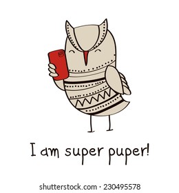 Vector doodle positive illustration with cute owl 