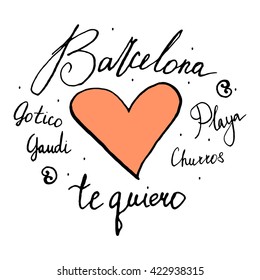 Vector doodle postcard of Barcelona with heart and calligraphy Spanish words: Gaudi, Gothic, sweets, beach, I love you, hand-drawn by ink. 