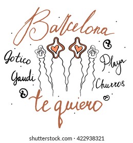 Vector doodle postcard of Barcelona with Sagrada Familia and calligraphy Spanish words: Gaudi, Gothic, sweets, beach, I love you, hand-drawn by ink. 