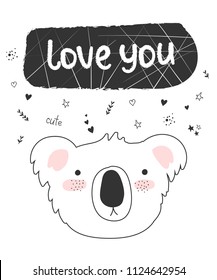 Vector doodle poster with funny koala and cute text. Postcard with adorable objects on background. Valentine's day, anniversary, save the date, baby shower, bridal, birthday
