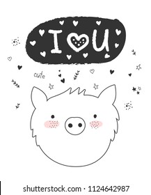 Vector doodle poster with funny pig and cute text. Postcard with adorable objects on background. Valentine's day, anniversary, save the date, baby shower, bridal, birthday
