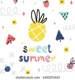 Vector doodle poster with phrase, pineapple and decor elements. Typography summer card, color image. Design for t-shirt and prints.