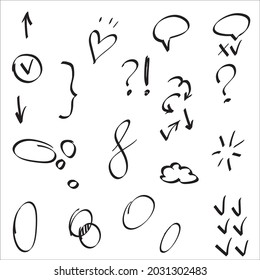Doodle vectorial para presentaciones, infografías y diseño. Sol, nube, pregunta, habla, corazón, flecha, sí, círculo, oval, corchete.