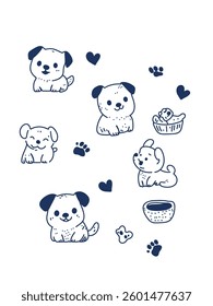 Vector doodle puppies with simple black lines on white