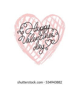 Vector doodle red heart. Heart painted in the cell. Happy valentines day lettering. White background