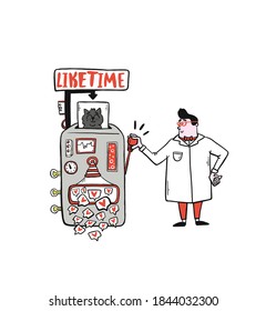 vector Doodle red illustration with a scientist, device and likes, hearts for a photo in a post. Funny concept about a machine that produces hearts for social networks.