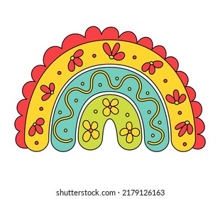 Vector doodle retro rainbow with flowers. Hippie colorful design element.
