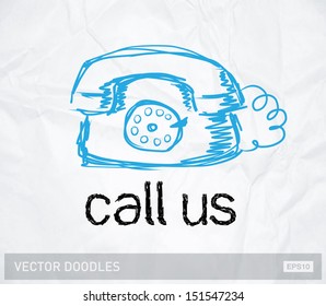 Vector doodle retro telephone on crumpled paper