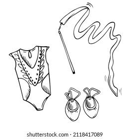 Vector doodle rhythmic gymnastics equipment set. Line art. sportwear, gymnastic clubs, halfshoes illustrations