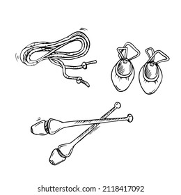 Vector Doodle Rhythmic Gymnastics Equipment Set. Line Art. Skipping Rope, Sportwear, Clubs, Halfshoes Illustrations