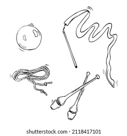 Vector Doodle Rhythmic Gymnastics Equipment Set. Line Art. Skipping Rope, Gymnastic Clubs, Halfshoes Illustrations