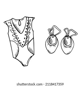 Vector Doodle Rhythmic Gymnastics Equipment Set. Line Art. Sportwear And Halfshoes Illustrations