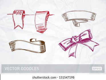 Vector doodle ribbons, tags and bow on crumpled paper