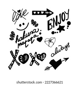  Vector doodle romantic drawing. Black and white watercolour, ink, heart marker, love, lips, kisses. Trendy design concept for fashion textile printing, packaging and Valentine's day backgrounds.