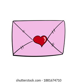 Vector doodle Romantic pink envelopes with a heart for Valentines Day. Design for diaries, icons, stickers. Isolated on white.