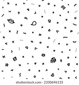 Vector doodle romantic seamless pattern. Black and white hand drawn hearts, love, lips, kisses, speech bubbles, letters and geometric elements. Tiny elements repeatable backdrop.