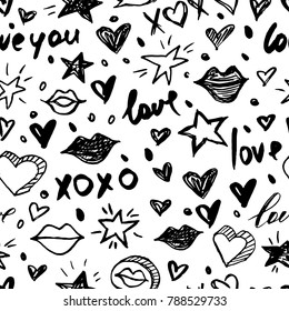 Vector doodle romantic seamless pattern. Black and white watercolor, ink, marker hearts, love, lips, kisses. Trendy design concept for fashion textile print, wrapping and valentines day backgrounds.