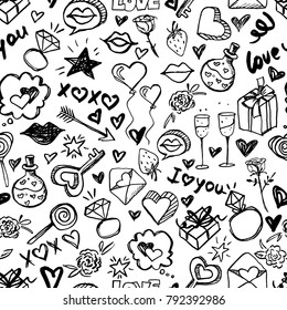 Vector doodle romantic seamless pattern  Black   white watercolor  ink hearts  love  lips  kisses  diamond rings  Design for fashion textile print  wrapping   valentines day backgrounds 