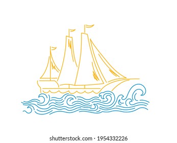 Vector doodle sailing boat with wave.