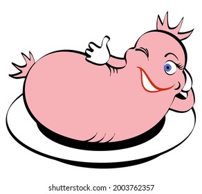 Vector doodle of sausage, lying in a plate, winking and showing the sign OK. Isolated on white background.