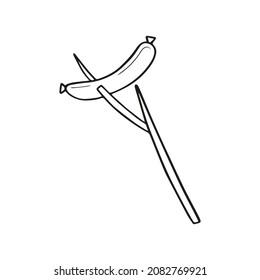 salchicha vectorial de doodle en una brocheta de una rama, frita en un fuego