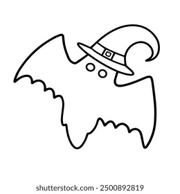 Vector doodle of a scary winged monster wearing a wizard's hat. . Cute children's Halloween illustration on white background. Design elements for logo, badges, banners, labels, posters