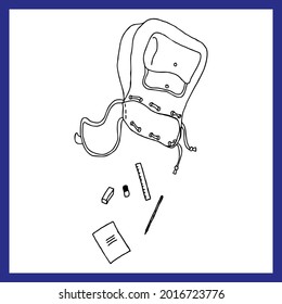 Vector doodle school backpack satchel wear illustration line isolated.