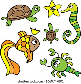 Vector doodle sea animals and fish isolated on white background. Angelfish, turtle, seahorse for kids.