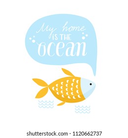 Vector doodle sea illustration. Scandinavian style. Ready cards with marine animals, whale, killer whale, crabs gull fish sea symbols