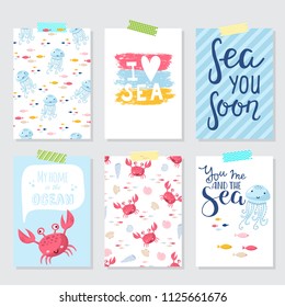 Vector doodle sea illustration. Scandinavian style. Ready cards with marine animals, whale, killer whale, crabs gull fish sea symbols