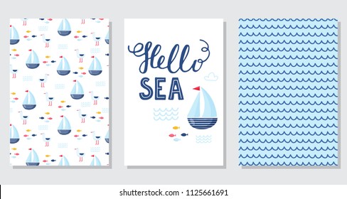 Vector doodle sea illustration. Scandinavian style. Ready cards with marine animals, whale, killer whale, crabs gull fish sea symbols