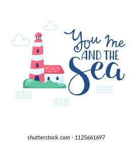 Vector doodle sea illustration. Scandinavian style. Ready cards with marine animals, whale, killer whale, crabs gull fish sea symbols