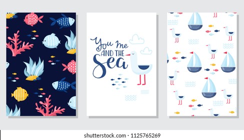 Vector doodle sea illustration. Scandinavian style. Ready cards with marine animals, whale, killer whale, crabs gull fish sea symbols