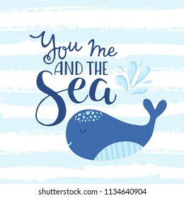 Vector doodle sea illustration. Scandinavian style. Ready cards with marine animals, whale, killer whale, crabs gull fish sea symbols