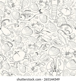 Vector doodle seafood background. Hand drawn sea animals seamless pattern. Octopus, squid, lobster, dorado fish, prawn, mussels, crab and vongole shell in blake line-art style for cute design.