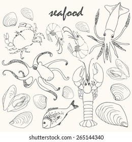 Vector doodle seafood set. Hand drawn illustration of various sea animals. Octopus, squid, lobster, dorado fish, prawn, mussels, crab and vongole shell in blake line-art style.