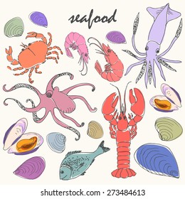 Vector doodle seafood set. Hand drawn illustration of various sea animals roughly colored. Octopus, squid, lobster, dorado fish, prawn, mussels, crab and vongole shell in blake lineart style.