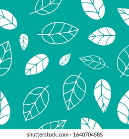 Vector doodle seamles pattern with hand drawn leaves on turquoise background.