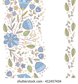 Vector doodle seamless borders with flowers and leaves.