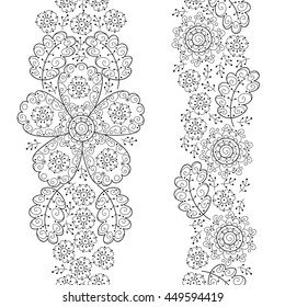 Vector doodle seamless borders with flowers and leaves. Black and white borders.