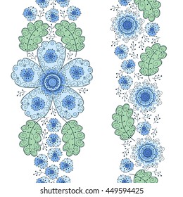 Vector doodle seamless borders with flowers and leaves. 