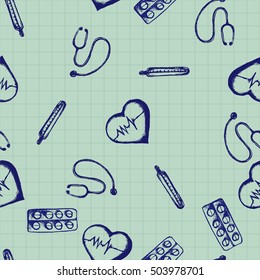 Vector doodle seamless illustration. Medicine icons